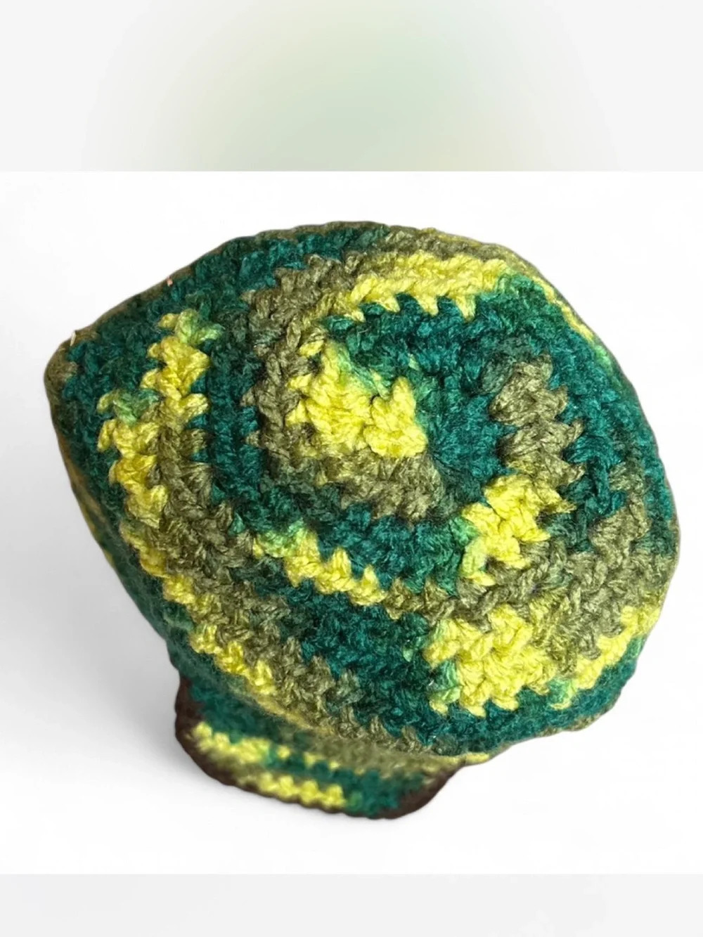 Handmade Crocheted Earflap Hat in Green & Yellow
